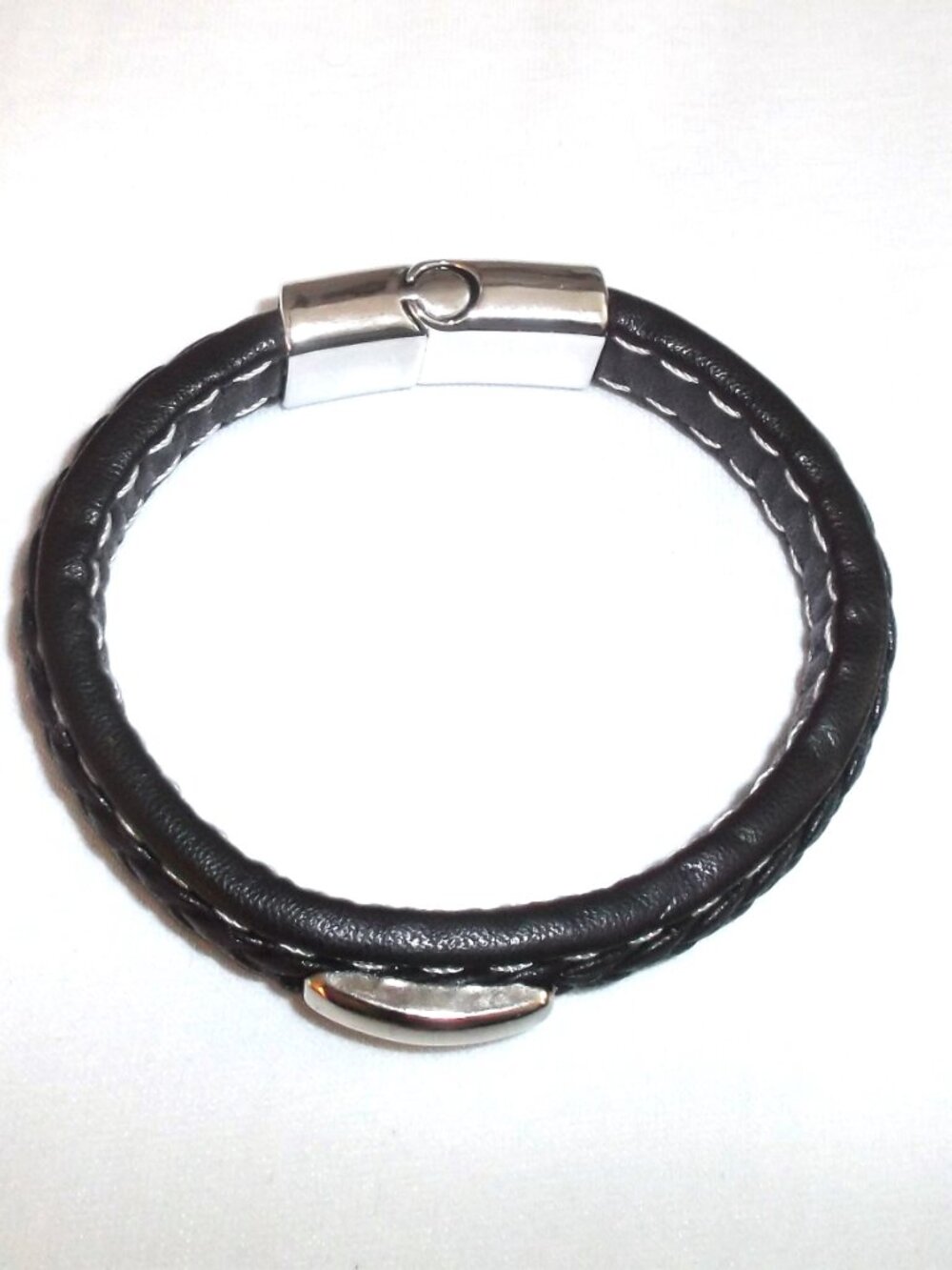 6 inch Dark Brown Braided Leather Bracelet, silver accents with a slide closure